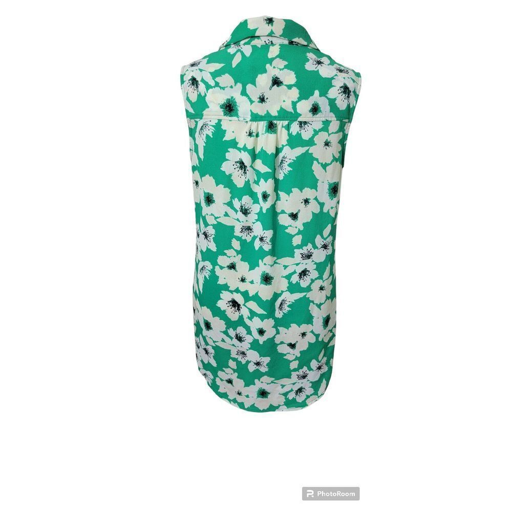 Merona Shirt Top Blouse Women's Medium Button Down Floral Tank Green and Cream - Picture 2 of 9
